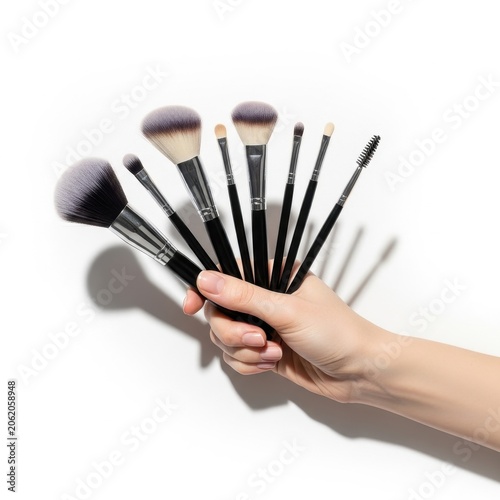 Hand Holding Makeup Brushes Collection on White Background.