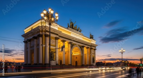 Historic Archway Illuminated at Dusk with Light Trails on Road.