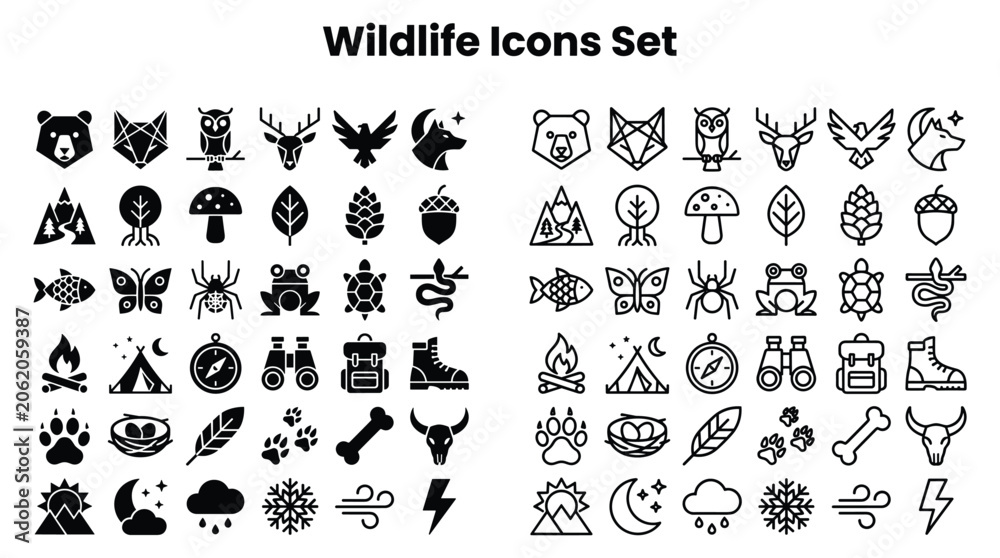 Fototapeta premium Wildlife icons set featuring various animals and nature elements.