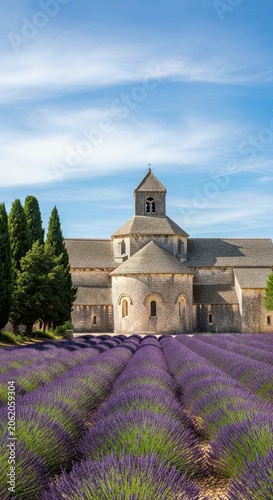 Historic Abbey Surrounded by Vibrant Lavender Fields Under a Blue Sky.