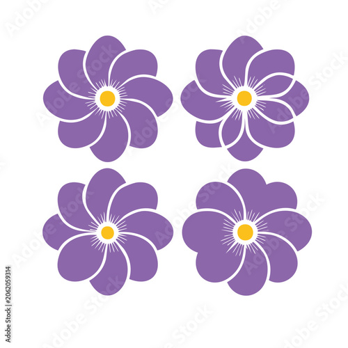 Four purple stylized flowers with yellow centers