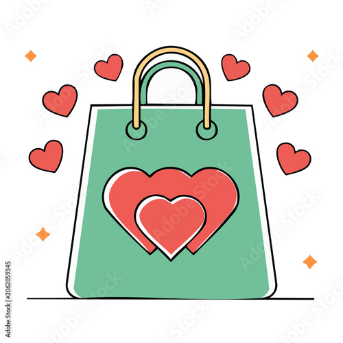 Green shopping bag with red hearts illustration