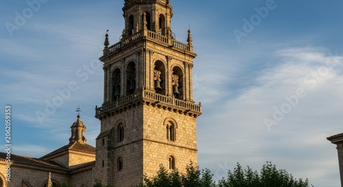 Historic Bell Tower of a Spanish Cathedral Under a Blue Sky.
