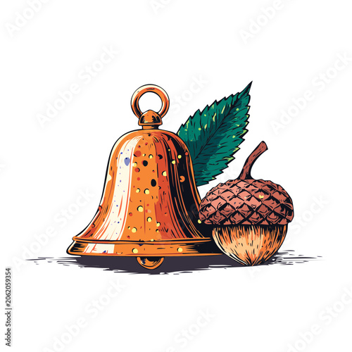 Hand Drawn Bell and Acorn with Leaf