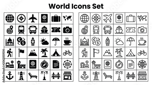 Fotografie World icons set includes travel landmarks and symbols
