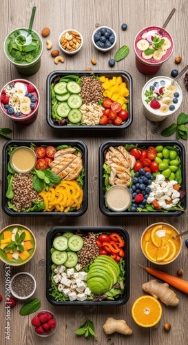 Healthy Meal Prep Bowls and Smoothies Arranged on a Wooden Table.