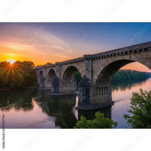 Historic Stone Bridge Arches Over Calm River at Sunset.
