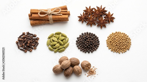 Konstfotografi Assorted whole dried spices including cinnamon sticks, star anise, nutmeg, black