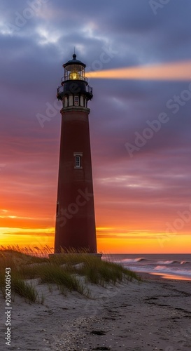 Historic Brick Lighthouse Beams Light Across Ocean at Sunset.