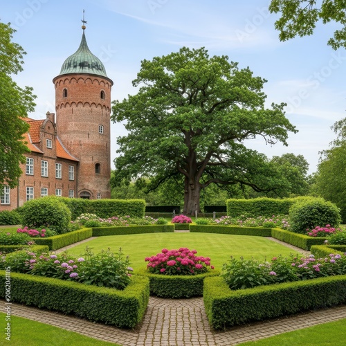 Historic Castle Garden with Tower and Lush Greenery.