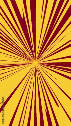 Retro comic book style sunburst background with radiating yellow and maroon stripes. A dynamic pop art starburst animation loop perfect for announcements, promotions, and vintage graphic designs.