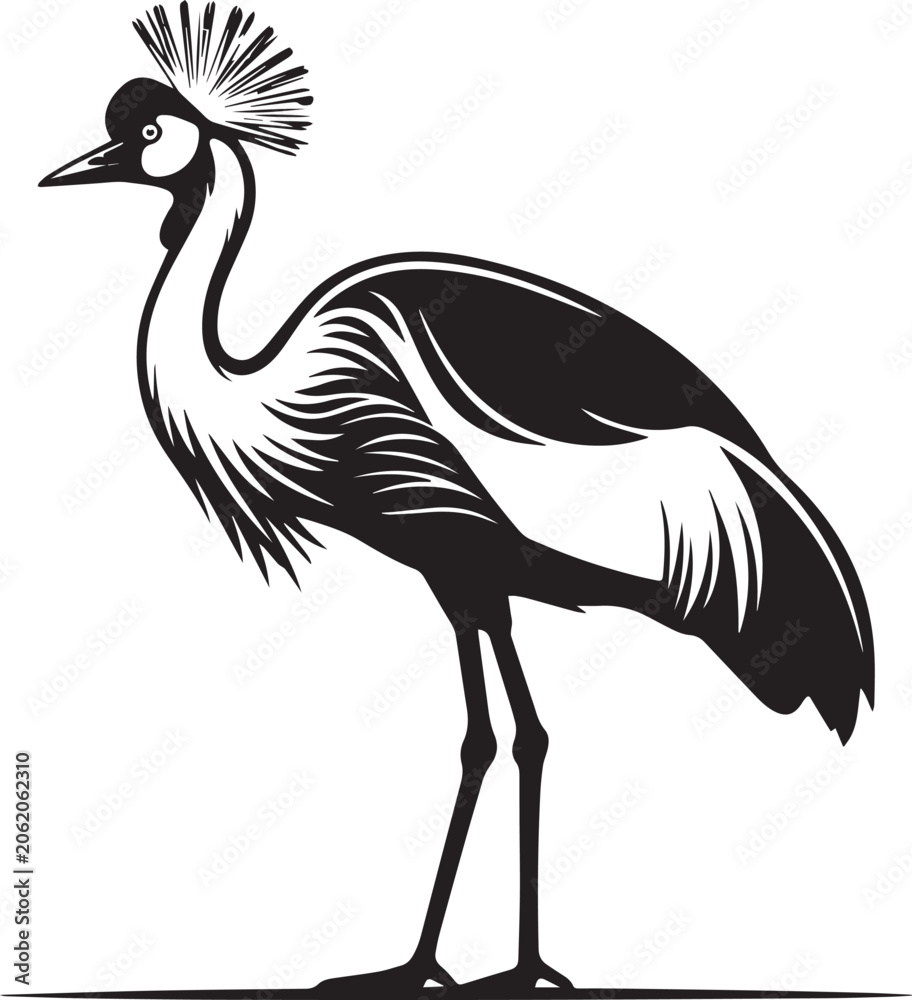 Obraz premium Black and white crowned crane bird standing on one leg Vector