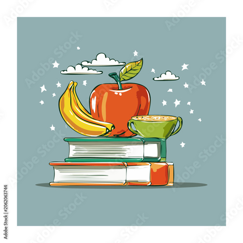 Flat illustration of books with apple, banana, and cup