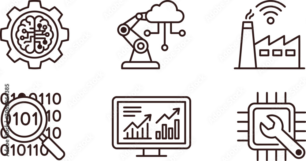 Fototapeta premium Set of modern technology and industry 40 line icons featuring artificial intelligence robotics and data analytics ideal for digital transformation and smart manufacturing concepts