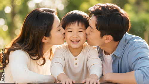 Happy Family Portrait with Smiling Child – Loving Parents Kissing Son, Family Bonding Lifestyle Photography, 8K Ultra HD