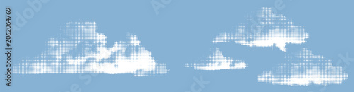 Abstract halftone dotted cloud shapes vector illustration in sky
