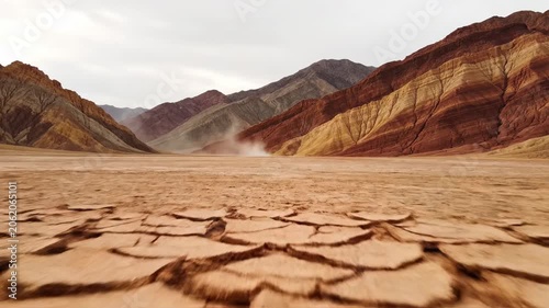 Low angle view flying over cracked desert ground towards mountains