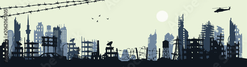 Foto Ruined City Background with Barbed Wire Fence and Apocalyptic Skyline