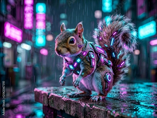 Cyberpunk Squirrel Wearing Neon Futuristic Armor in Rainy City