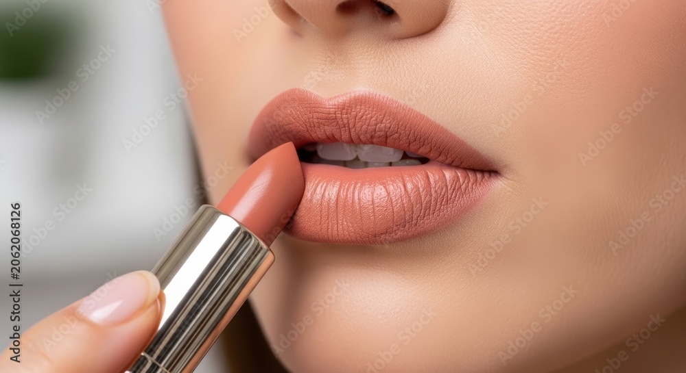 Fototapeta Woman applying nude lipstick on lip. Close up view of lip makeup routine. Beauty product for cosmetics style and personal care. Skin care trend for attractive makeup look and aesthetic.