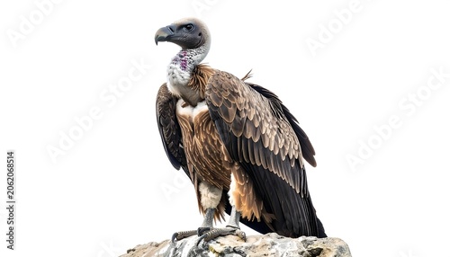A large bird of prey perches on a rock, showcasing brown feathers and a distinctive neck