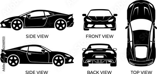 Sports car silhouette on white background. Vehicle icons set view from side, front, back, and top