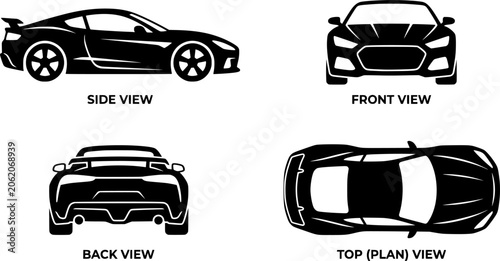Sports car silhouette on white background. Vehicle icons set view from side, front, back, and top