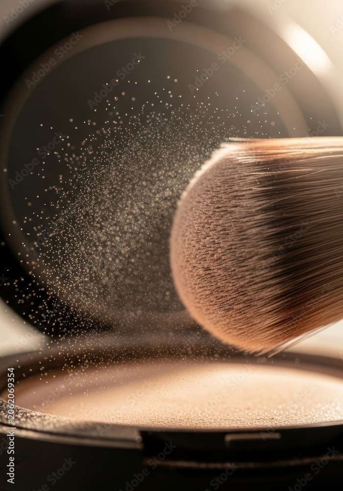 Fototapeta premium Makeup brush hitting pressed face powder with floating dust particles. Cosmetic product demonstration for beauty blog. Professional accessory for applying foundation and base makeup.
