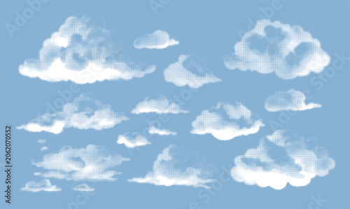 Various halftone dotted cloud shapes vector illustration in sky