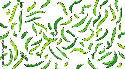 Fotografie Bright green chili peppers scattered across white background in vibrant, decorative pattern