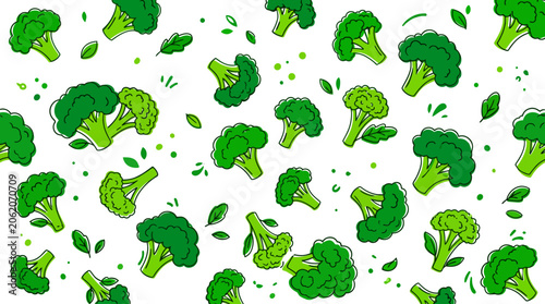 Pattern of fresh broccoli florets and stalks scattered on a white background.