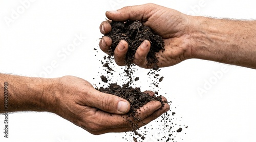 Foto Rich Dark Earth Soil Falling from One Hand into Another on White Background