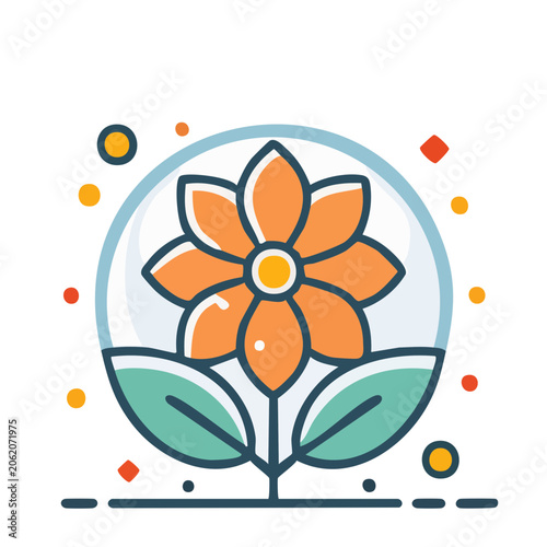Flat design orange flower with blue leaves vector