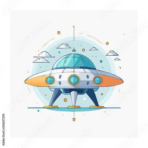 Flying saucer with aliens and planet illustration