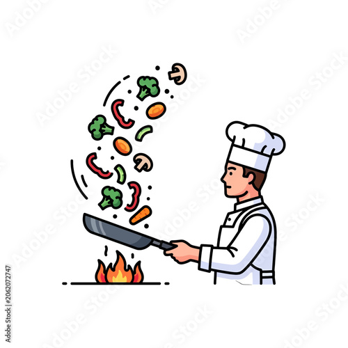 Obraz na płótnie A professional chef tosses fresh vegetables in a hot frying pan over a flame