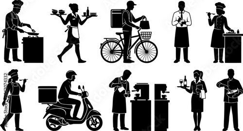 Restaurant Staff and Food Service Silhouette Collection, Chef Waiter Delivery Worker Professional Vector Set