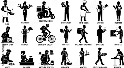 Restaurant Staff and Food Service Silhouette Collection, Chef Waiter Delivery Worker Professional Vector Set