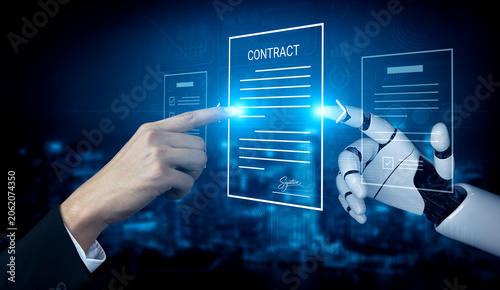 Foto Dynamic interaction between a human hand and robotic arm emphasizes the future of digital contracts and automated agreements in a high-tech business setting
