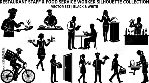 Restaurant Staff and Food Service Silhouette Collection, Chef Waiter Delivery Worker Professional Vector Set