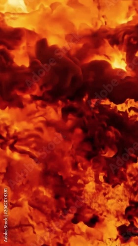 Cinematic abstract background of raging orange and red fire flames with thick dark smoke. Intense burning texture loop perfect for action, disaster, and dramatic visual effects.