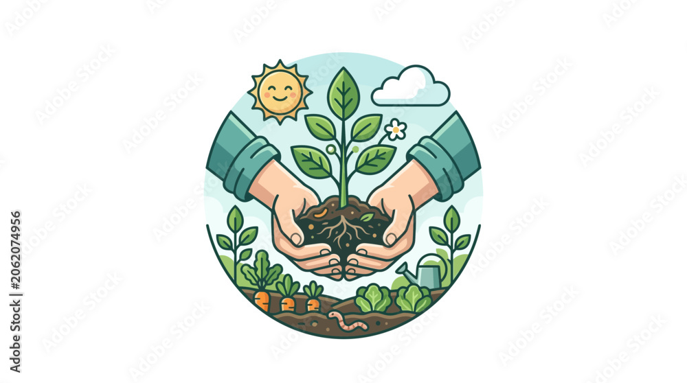 Fototapeta premium Hands planting seedling in garden, nature, growth, sustainability