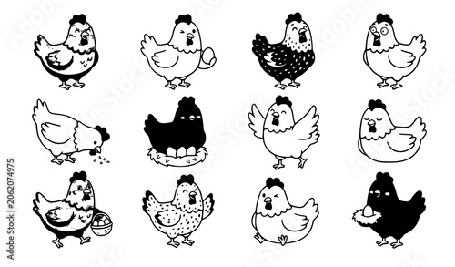 Tablou pe pânză Cute Cartoon Hen Characters Collection with Funny Farm Chicken Poses Vector Set