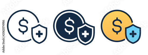 Medical Money Protection Icon with Shield, Coin and Healthcare Symbol. Vector Illustration