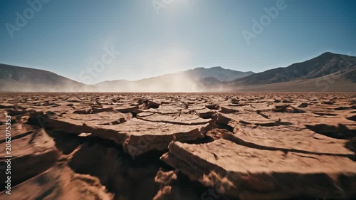 Dust blowing across cracked desert ground