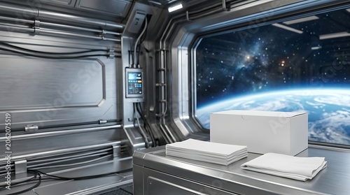 Blank white tissue box and paper sheets mockup on metal table inside futuristic spaceship cabin view of earth