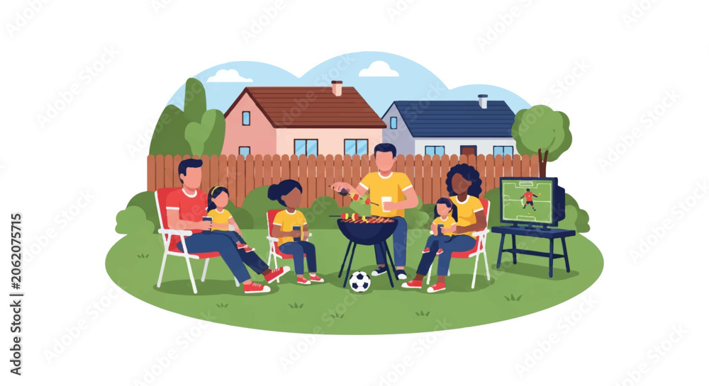 Fototapeta premium A family of diverse ethnicities having a backyard barbecue while watching soccer on a small screen, suburban setting, relaxed sunny mood, minimalist flat vector artwork, clipart style, absolute