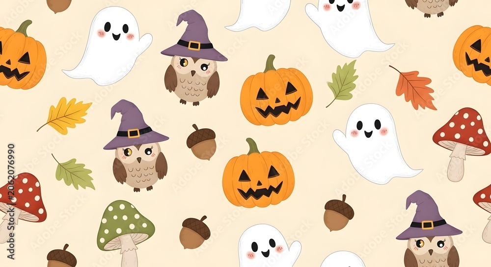 Fototapeta premium Seamless pattern with cute halloween ghosts, owls, pumpkins, and mushrooms