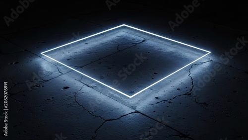 Glowing neon square frame on dark cracked stone floor.