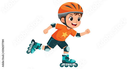 Tableau sur toile Cartoon boy, rollerblading, orange helmet, blue skates, fun sports