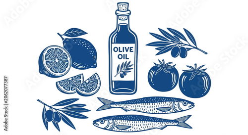Mediterranean food icons, seafood, olive oil, citrus fruits, vector illustrations